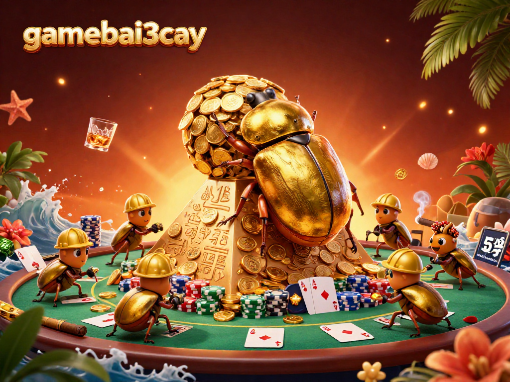 Engage in thrilling gameplay at gamebai3cay with a vibrant casino scene showcasing golden beetles and poker excitement.