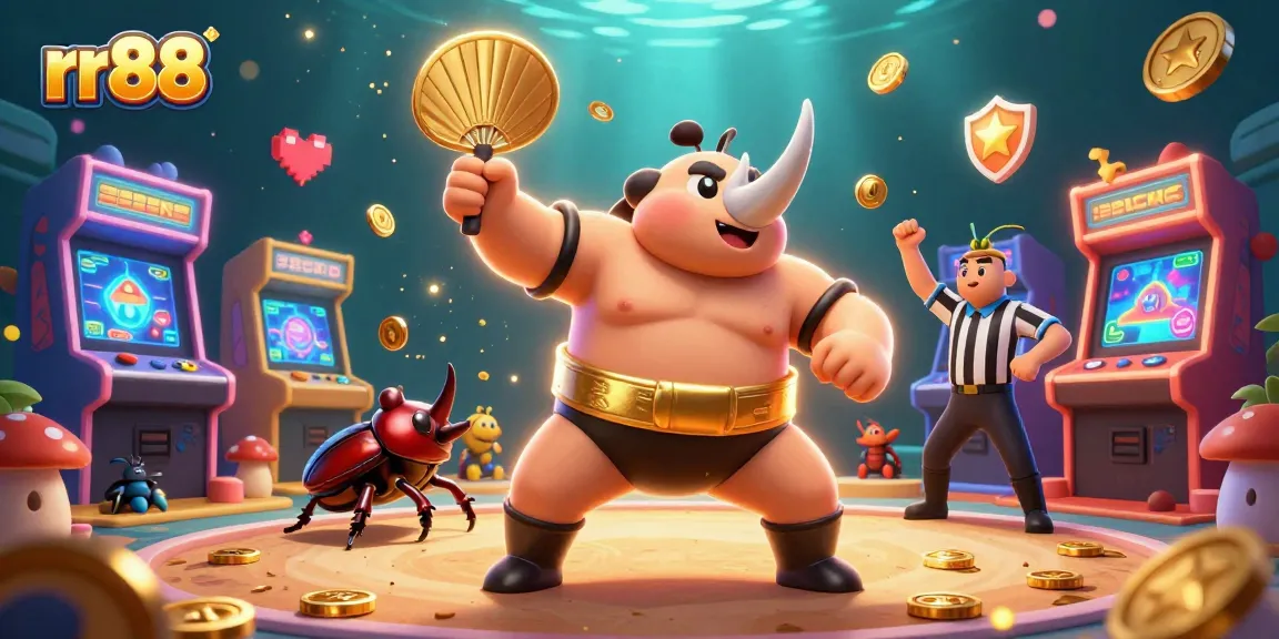rr88 engages players with a vibrant gaming scene featuring a sumo champion beetle surrounded by coins and arcade machines.
