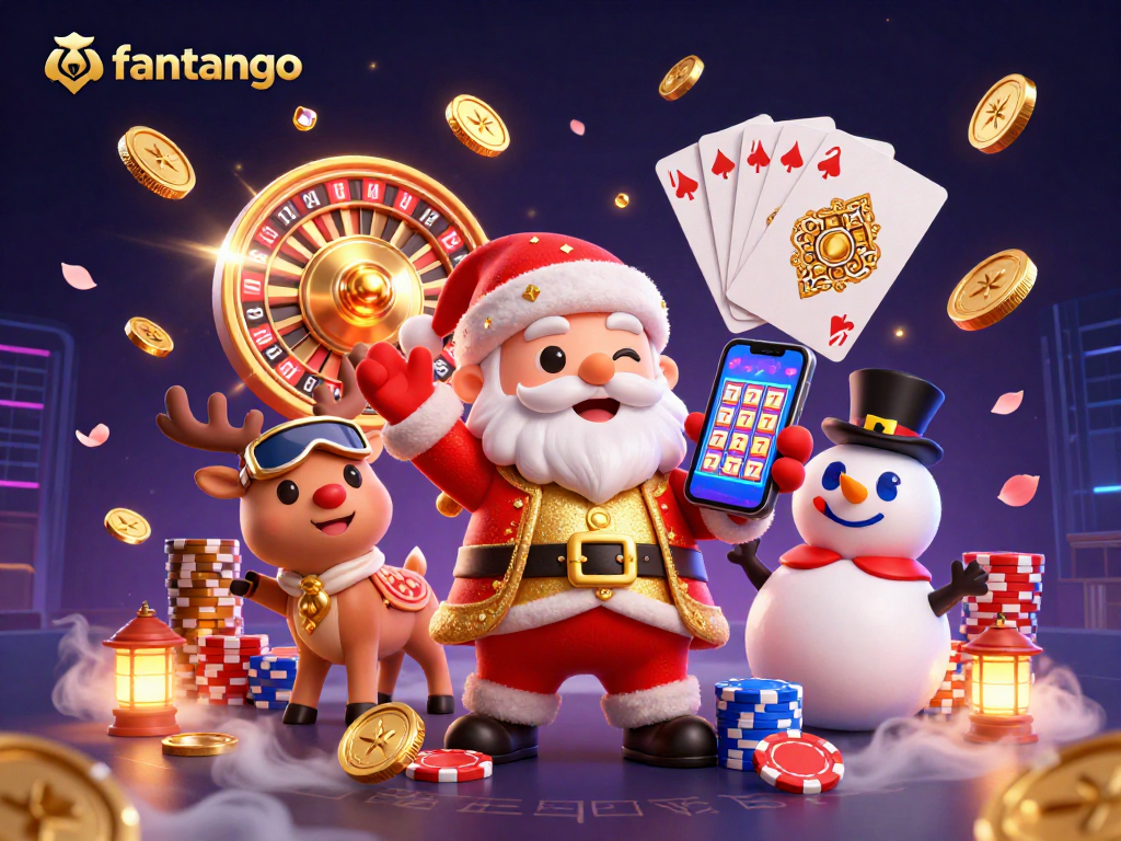 Spin and win with fantango in a vibrant casino-themed 3D scene featuring Santa and friends.