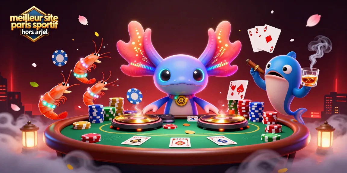 Pariez sur le meilleur site de paris sportif hors ARJEL avec une illustration dynamique d'axolotl DJ et des jeux de poker