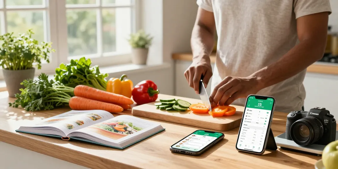 Healthy meal prep in kitchen with best nutrition app tools visible, showcasing fresh ingredients and tracking features.