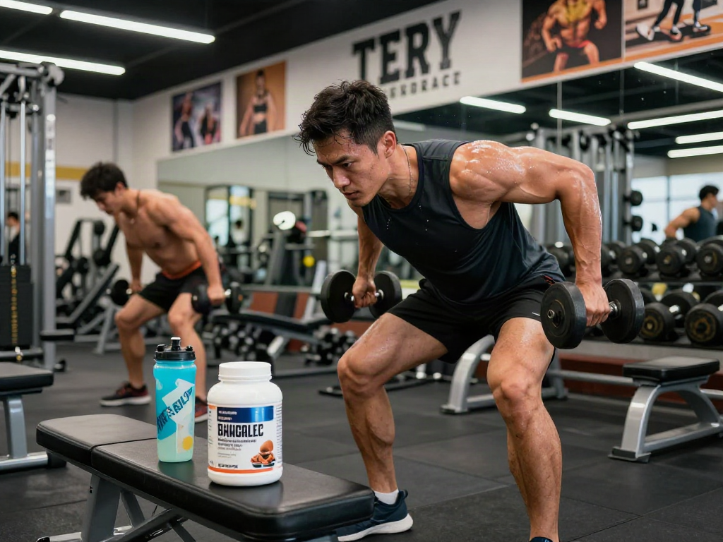 Dynamic gym scene with athletic man exercising, showcasing purchasing anabolic supplements like comprare steroidi orali.