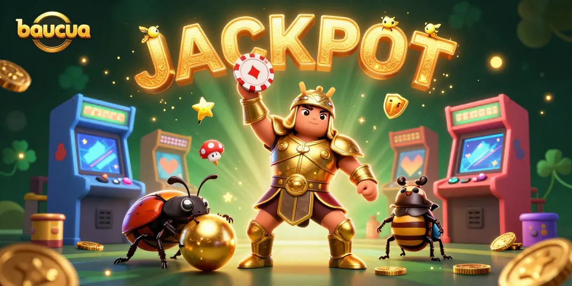 Baucua game illustration featuring a heroic beetle celebrating a big win, surrounded by vibrant casino elements.