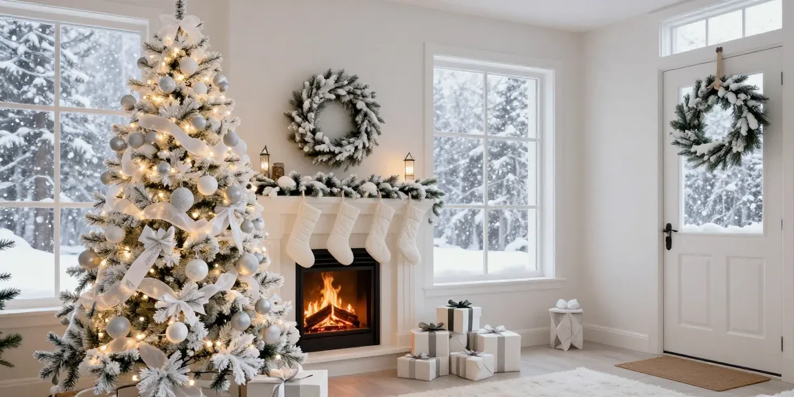 Cozy living room with a christmas tree with white decorations in holiday spirit.