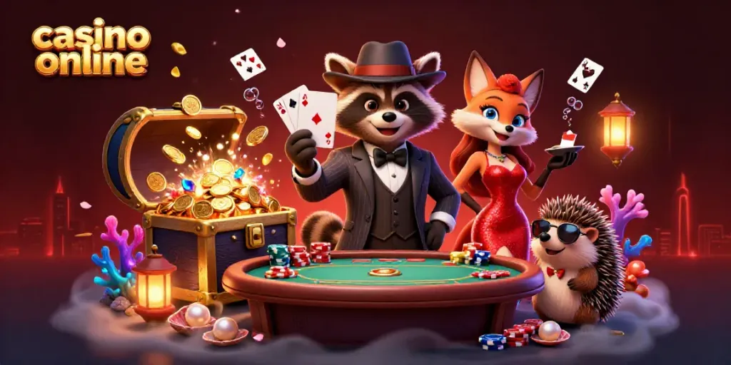 Experience the excitement of casino online gaming with a raccoon holding a royal flush amidst glowing treasures