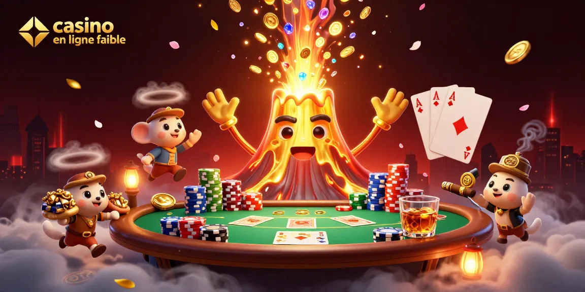 Illustration dynamique de casino en ligne fiable avec un volcan doré et des animaux explorateurs échappant avec des trésors.