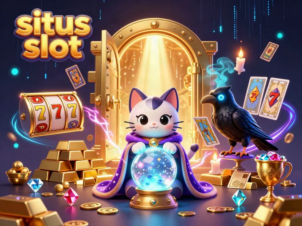 Engaging 3D illustration representing situs slot with mystic cat, raven, and casino elements.