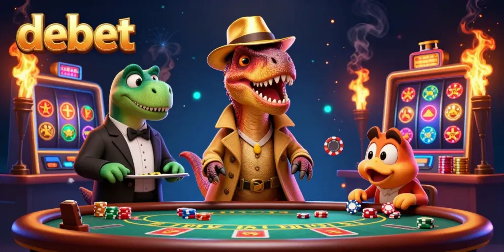 Engage in thrilling blackjack action at debet with a cartoon velociraptor, stegosaurus pit boss, and compy chip thief.