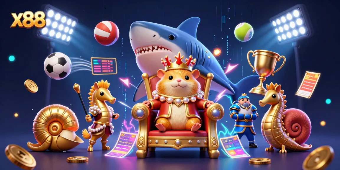 x88 captures the thrill of gambling with a vibrant 3D scene featuring a hamster king and sports elements.