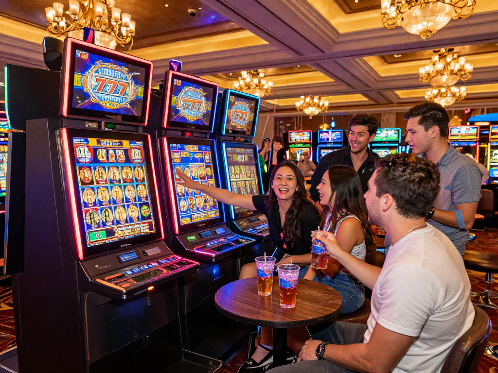 Diverse group celebrating a jackpot win on slot777 slot machine in a vibrant casino atmosphere.