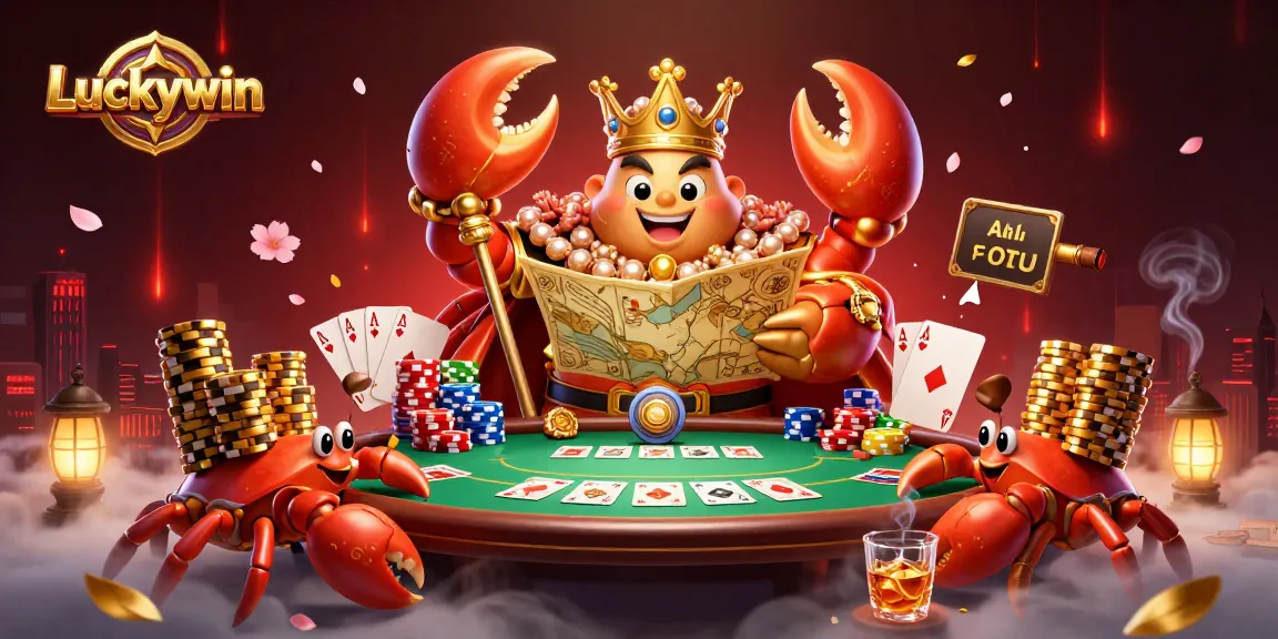 Experience Luckywin's vibrant poker scene featuring a golden crab emperor amidst colorful chip towers.