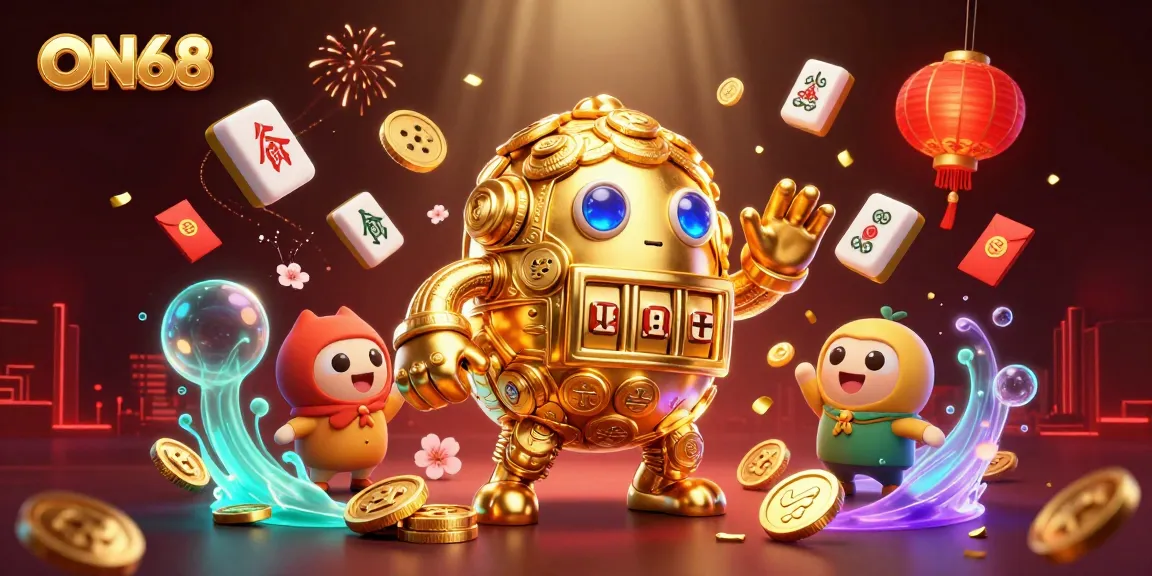 Experience the excitement of ON68 with a golden golem and festive casino elements in a dynamic 3D illustration.