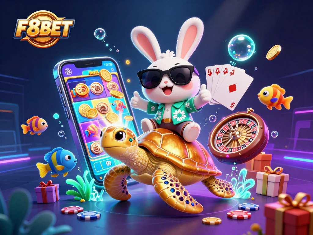 F8BET showcases a vibrant casino adventure with a lucky rabbit and golden turtle amid dynamic gaming elements.