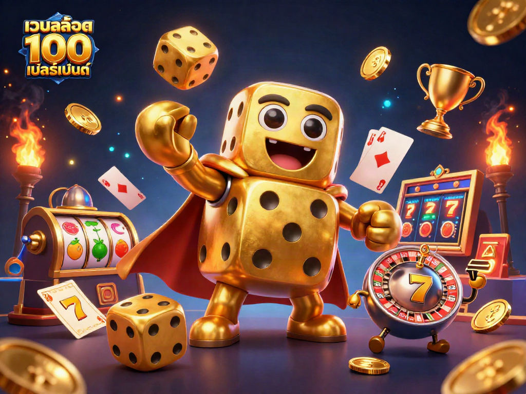 Experience เว็บสล็อต แท้ 100 เปอร์เซ็นต์ in this vibrant scene featuring dynamic gambling elements and golden characters.