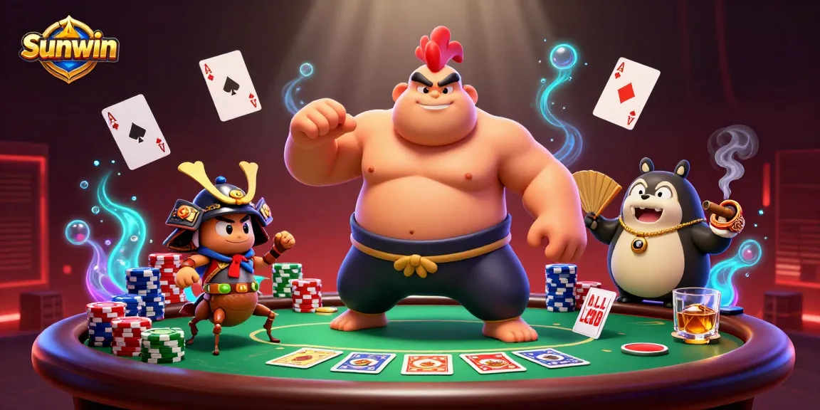Sunwin gaming scene featuring a powerful cartoon sumo wrestler rooster and a fierce cricket engaging in poker action.