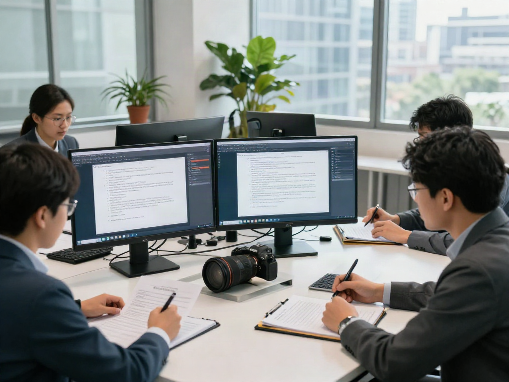 Data analysts collaborating on a document fraud detection solution in a modern office.