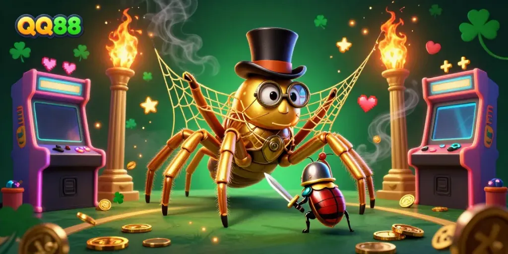 Experience the thrill of QQ88 with vibrant casino gameplay elements and unique characters in a dynamic 3D scene.