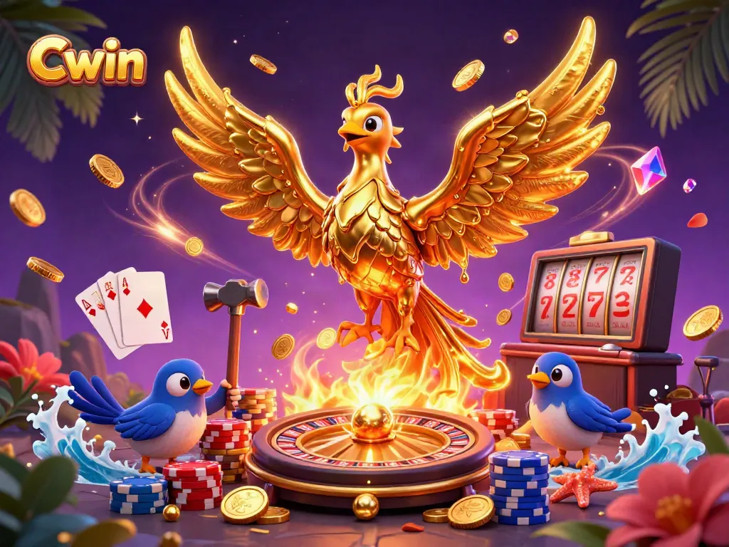 Cwin's molten metal phoenix illuminating the casino scene with dynamic gaming elements and vibrant colors.