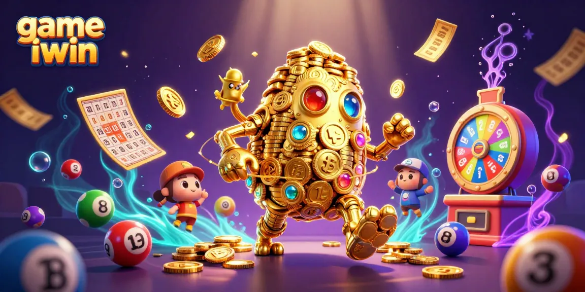 Engage with game iwin in an ultra-detailed 3D casino scene featuring a golden golem surrounded by vibrant lottery elements.