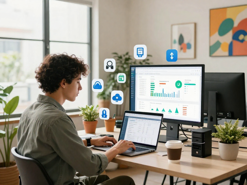 Servicios de hosting en México, profesional trabajando en laptop con análisis de tráfico web.