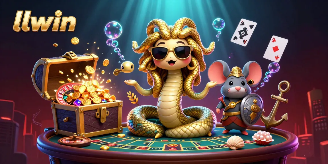 Experience thrilling games at llwin, featuring Medusa and warrior mouse in a vibrant casino scene.