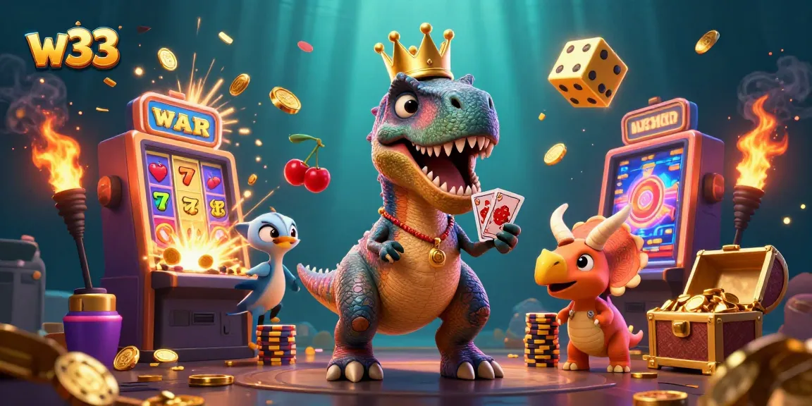 Experience w33 pokies with a T-Rex shuffling cards, surrounded by vibrant casino elements.