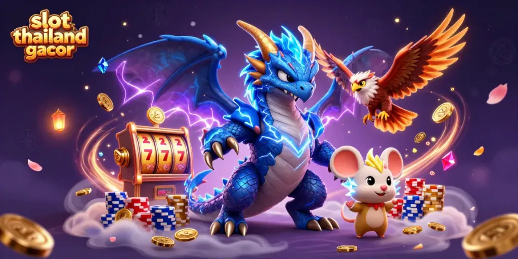 Experience slot thailand gacor excitement in a dynamic 3D casino scene with dragons and coins.