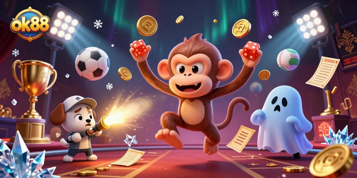 Experience thrilling moments with ok88 as a playful monkey juggles golden objects in a bustling casino.