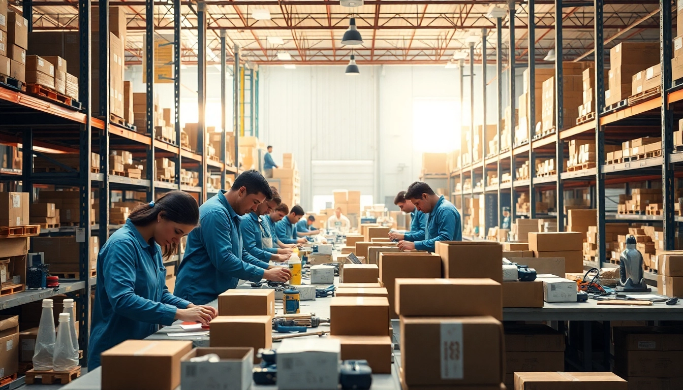 Kitting & Fulfillment Services team assembling packages efficiently in a bright warehouse.