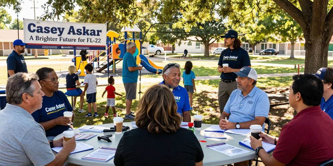 Voters discussing Casey Askar's campaign in a community park.
