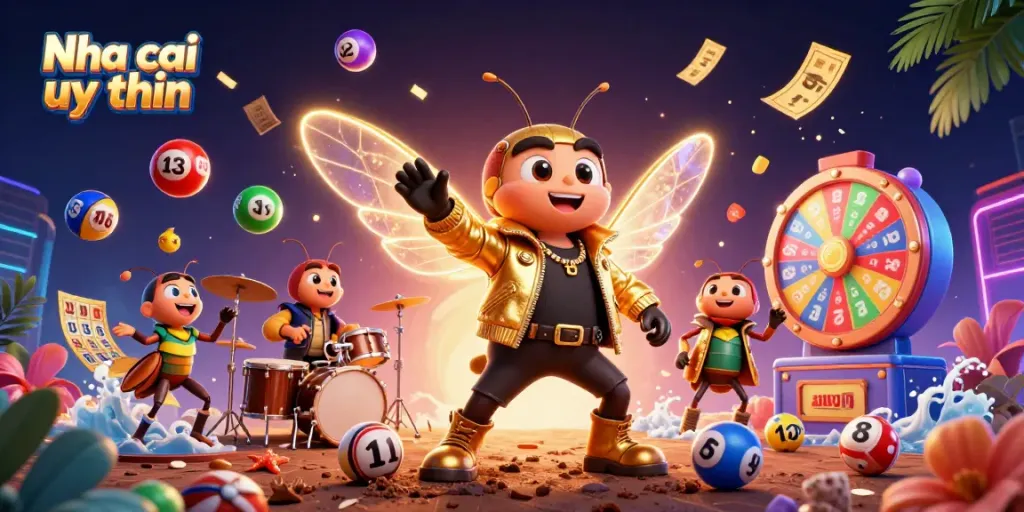 Nha cai uy tin brings excitement with a vibrant 3D illustration of a cicada rock star and dynamic gaming elements.