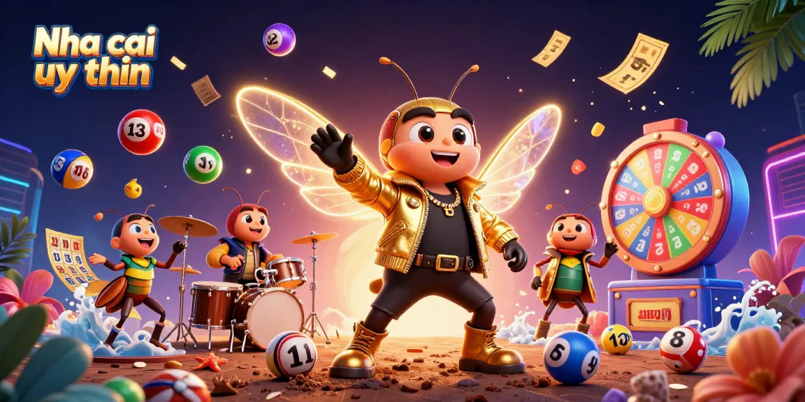 Nha cai uy tin brings excitement with a vibrant 3D illustration of a cicada rock star and dynamic gaming elements.