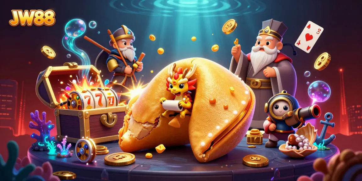 Experience the excitement of JW88 with golden fortune cookies, slot reels, and vibrant underwater scenes.