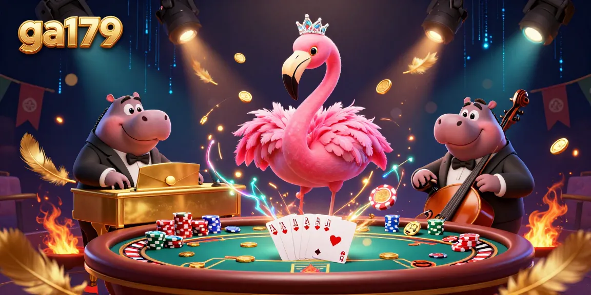 Engage with ga179's vibrant illustration featuring a dynamic casino scene with a flamingo singer and a hippo bassist.