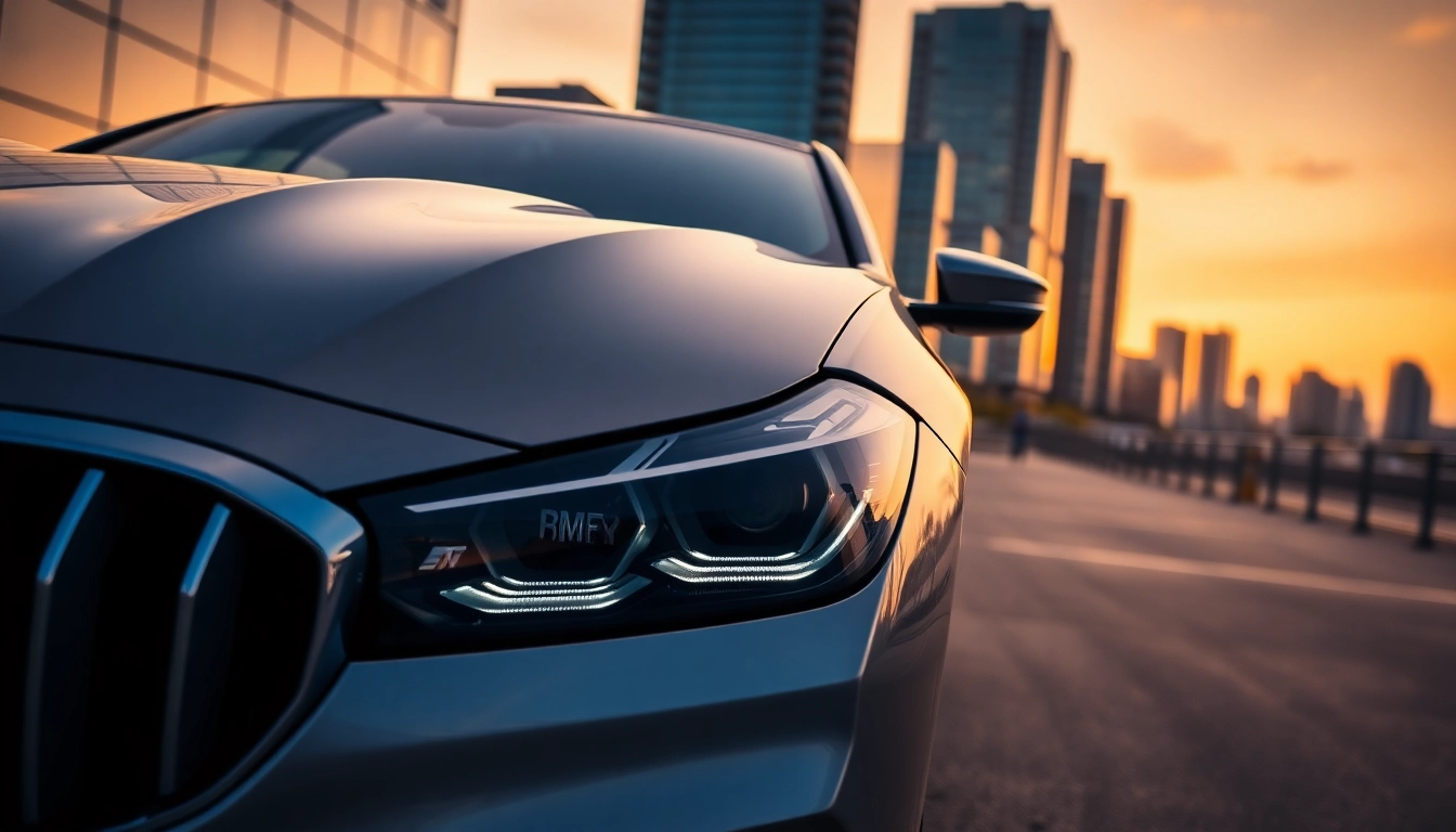 Showcase a Luxury BMW car in an urban setting, emphasizing its design and elegance.