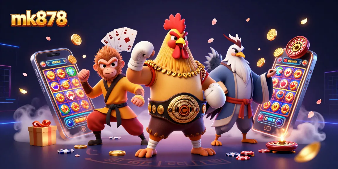 Engage in thrilling action at mk878 with a dynamic 3D scene featuring a Muay Thai rooster, Shaolin monkey, and crane master surrounded by vibrant casino games.