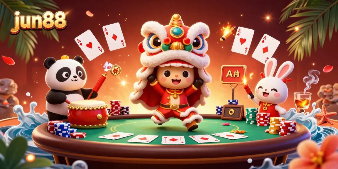 Engage with jun88's lively lion dance scene as players enjoy thrilling poker action.