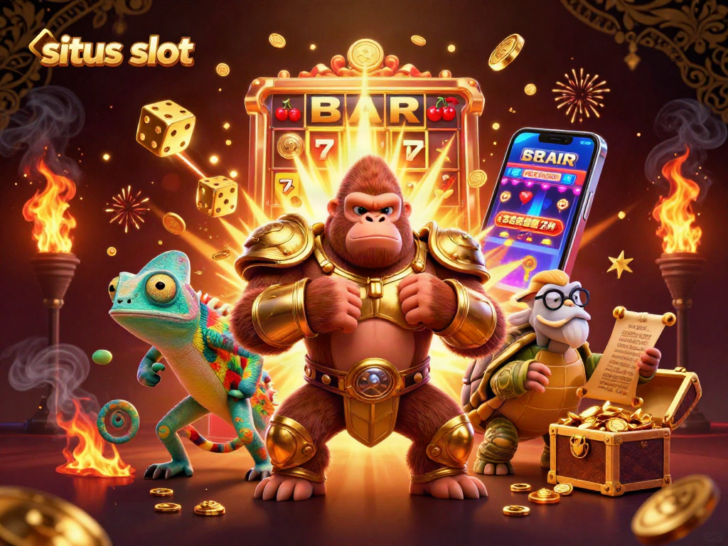 Experience the excitement of situs slot with a colorful, dynamic casino scene featuring a gorilla, chameleon, and tortoise.
