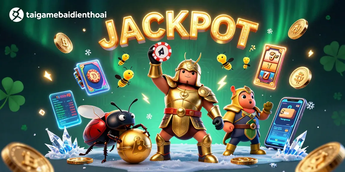 Engage with taigamebaidienthoai as a cartoon hercules beetle wins with a poker chip in a vibrant casino scene.