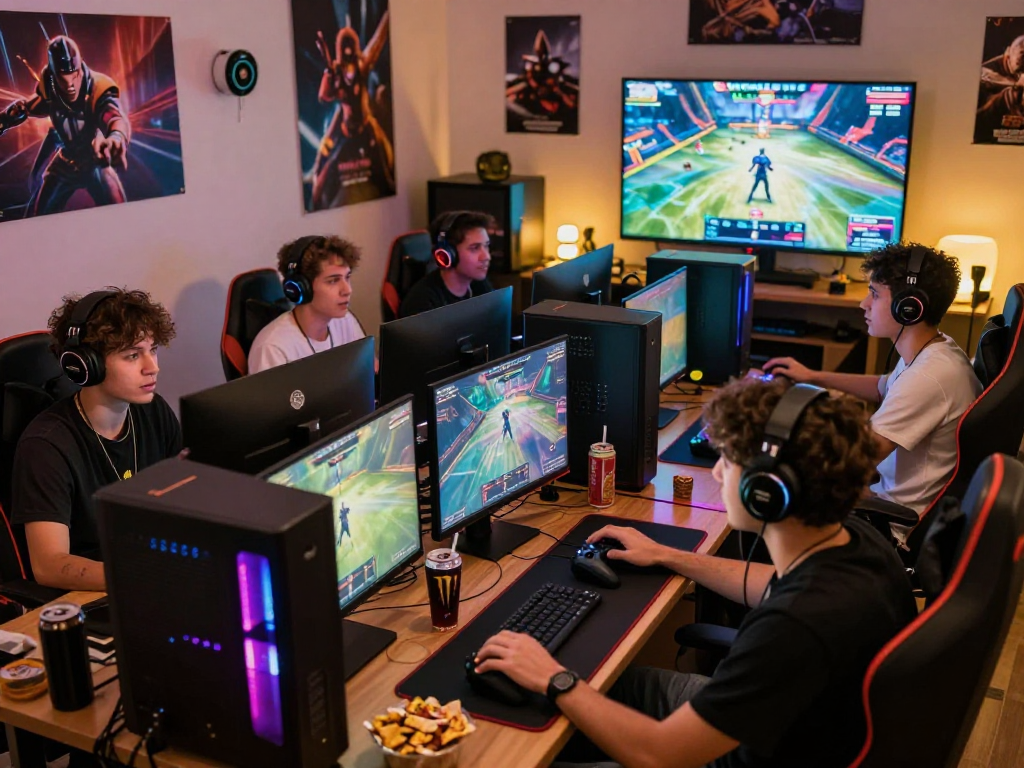 Delapan toto: suasana gaming seru dengan pemain bersemangat dan peralatan gaming.