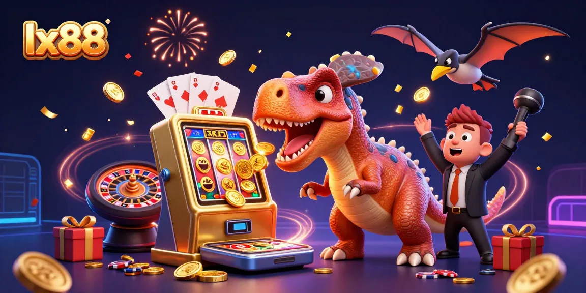lx88 showcases a pachycephalosaurus celebrating a jackpot at a golden slot machine amidst flying coins and casino elements.