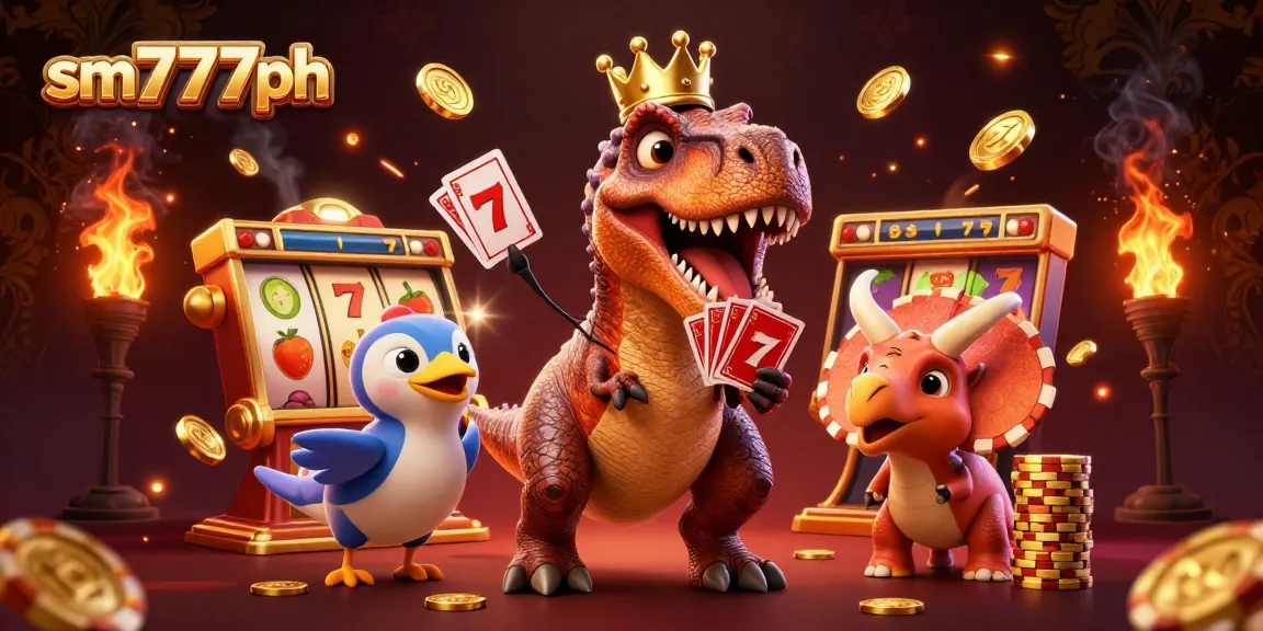 See sm777ph's exciting 3D casino scene with a T-Rex shuffling cards amidst golden slot features.