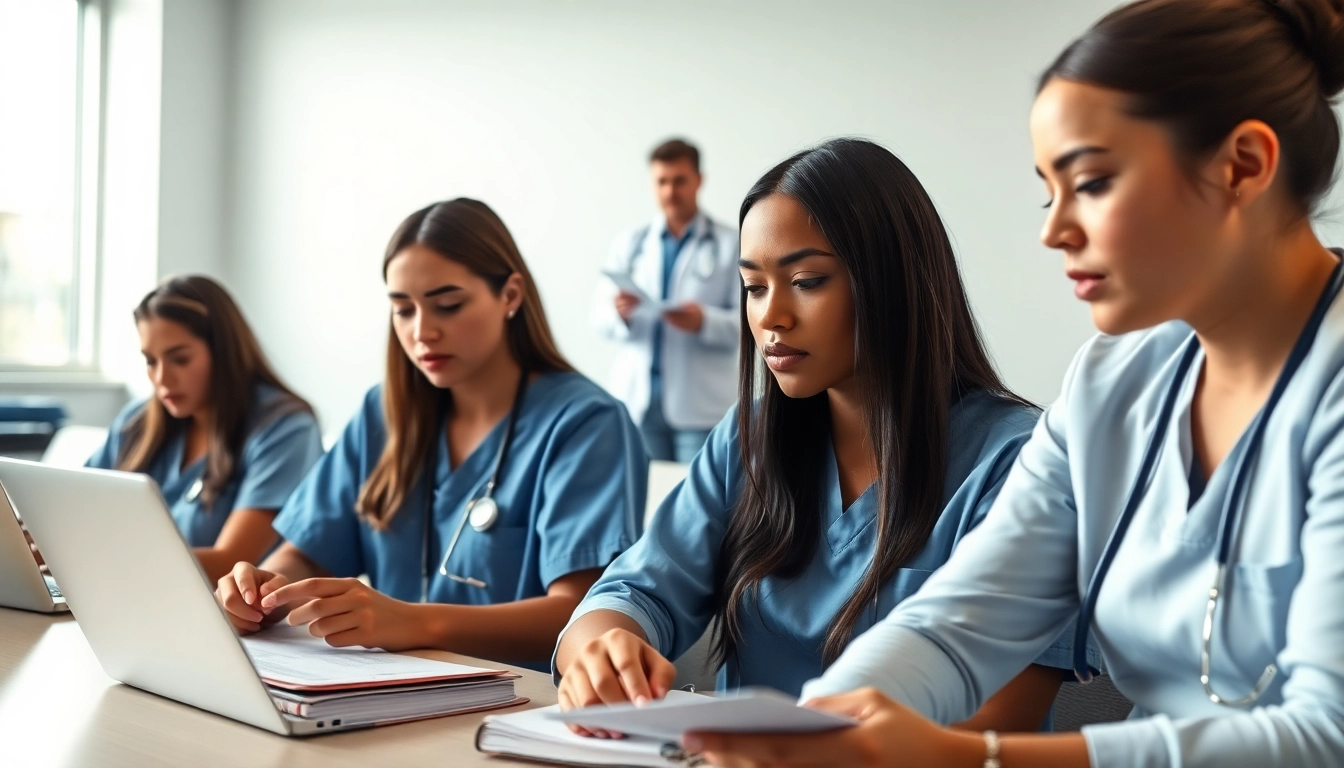Students studying at the Houston Trusted NCLEX review center during an interactive review session.