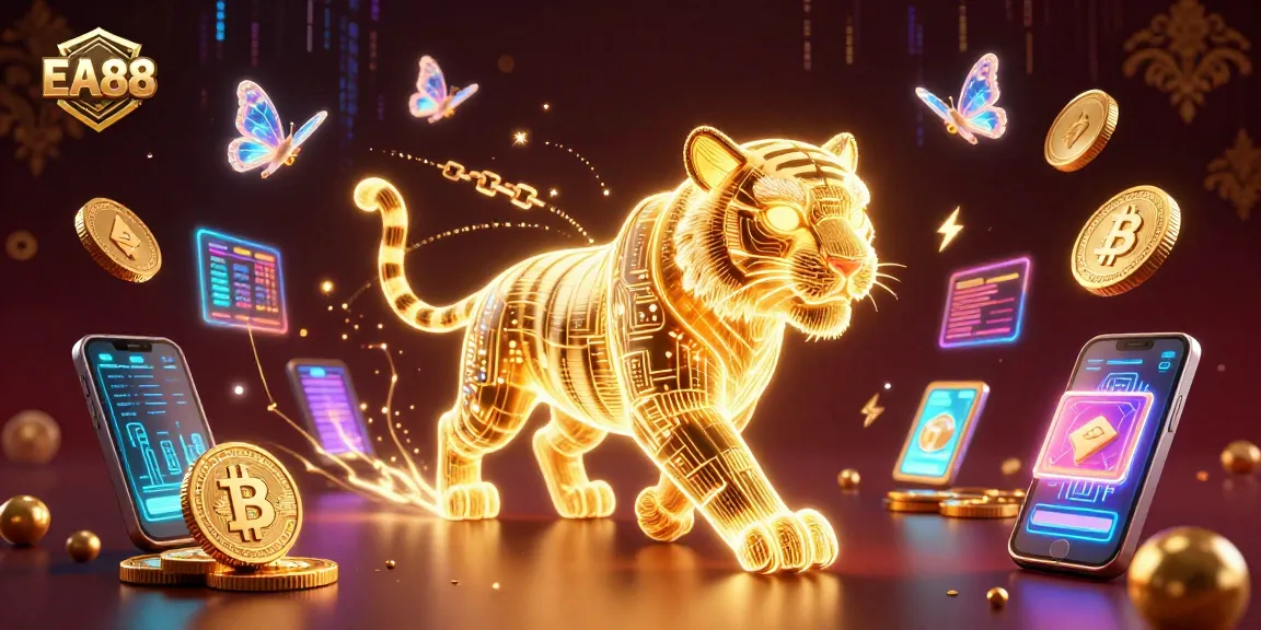 Experience the excitement of EA88 in a vibrant digital casino with a radiant tiger and crypto elements.