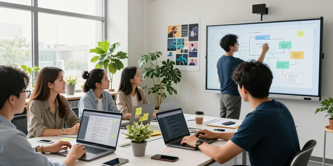 Collaborative professionals building internal tools with AI in a modern workspace