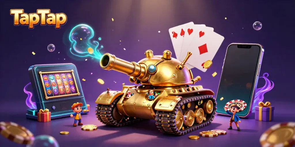 Engage with TapTap's vibrant casino scene featuring a golden beetle tank and dynamic slot game elements.