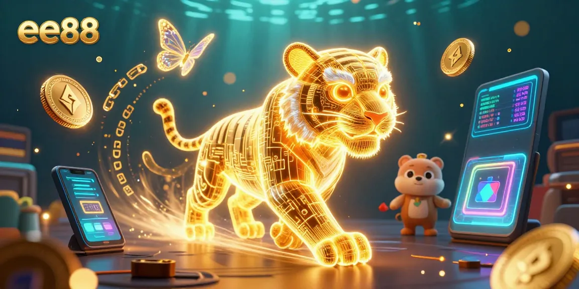 Experience the thrill of ee88 in this dynamic casino scene with glowing currencies and vivid characters.