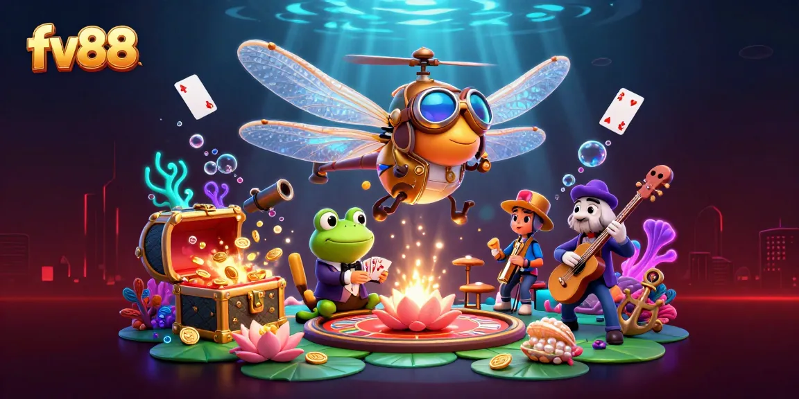 Win big with FV88 at the lily pad casino featuring a lively scene of gambling action.