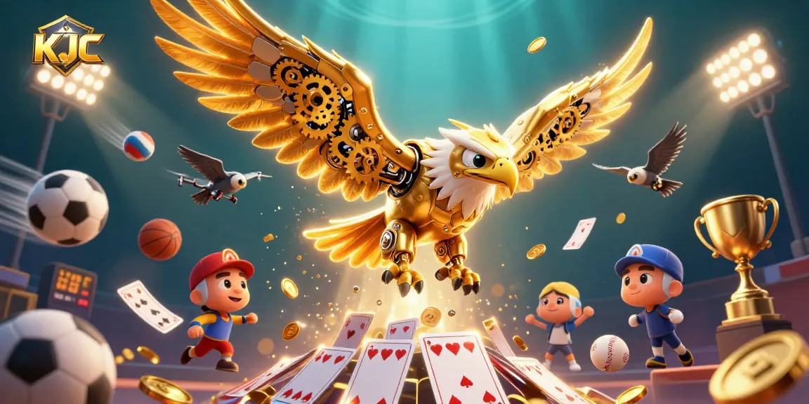 KJC gaming environment featuring a cybernetic eagle and dynamic sports betting elements in action.