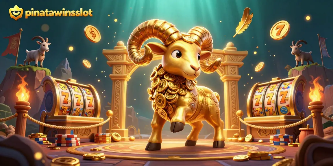 Spin and win with pinatawinsslot as golden rams charge through a vibrant casino setting.